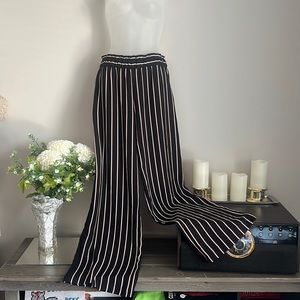 Le Chateau wide-leg, paper-bag waist, black/cream/red stripe pants